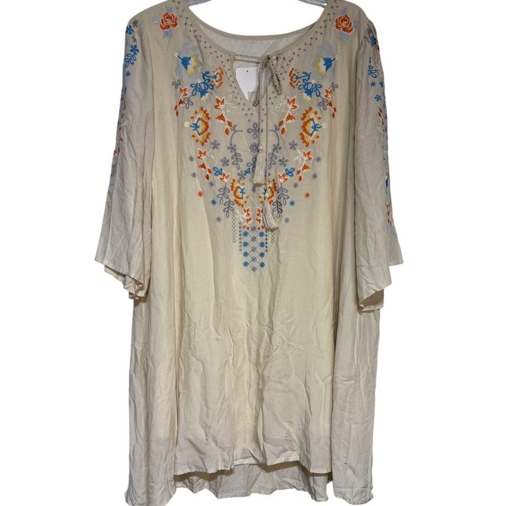 Womens Cream Embroidered Boho Tunic‎ Mini Dress 1X Floral Tassel Tie 3/4 Sleeve